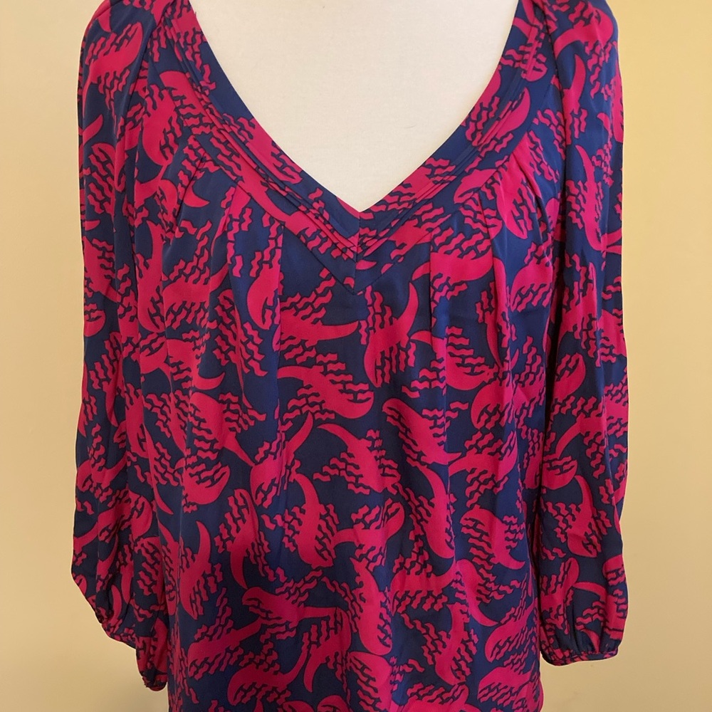 Vintage Diane von Furstenberg DVF Blue and Pink Blouse, Size 8